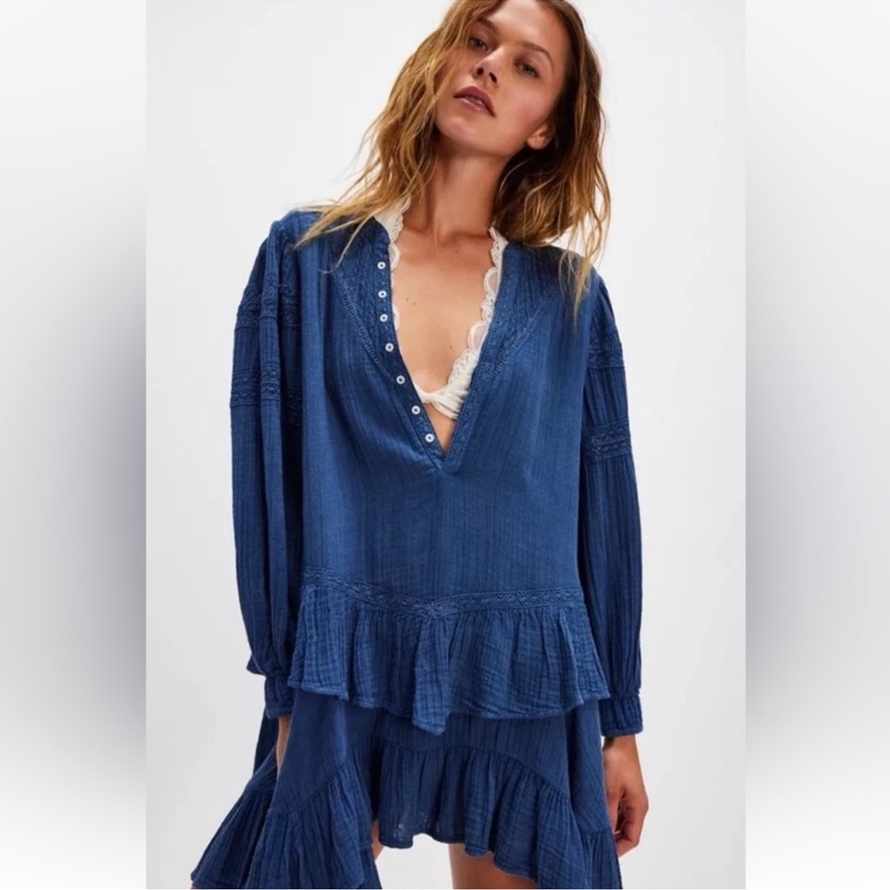 NWNT Free People Sachi Mini Dress Tiered Ruffle Hem Laceβ Buttons large boho
